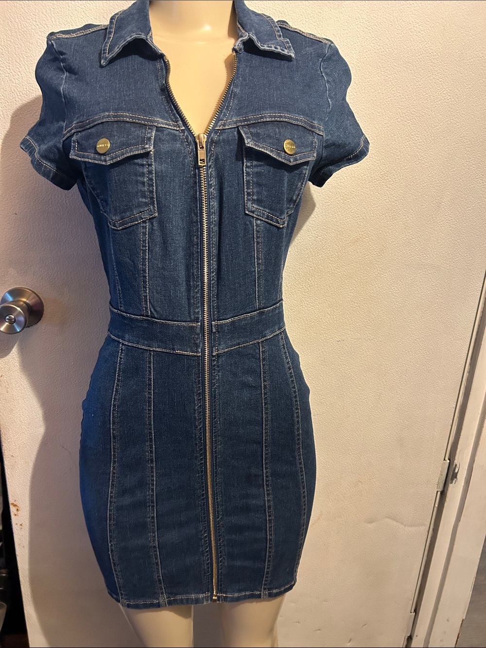 Guess Denim Zip-Front Mini Dress in Dark Blue
